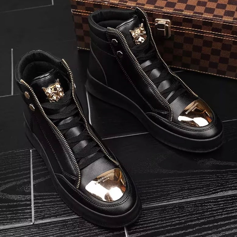 Men's High-Top Sneakers Faux Zipper Cover Upper Golden-Tone Hardware Streetwear 