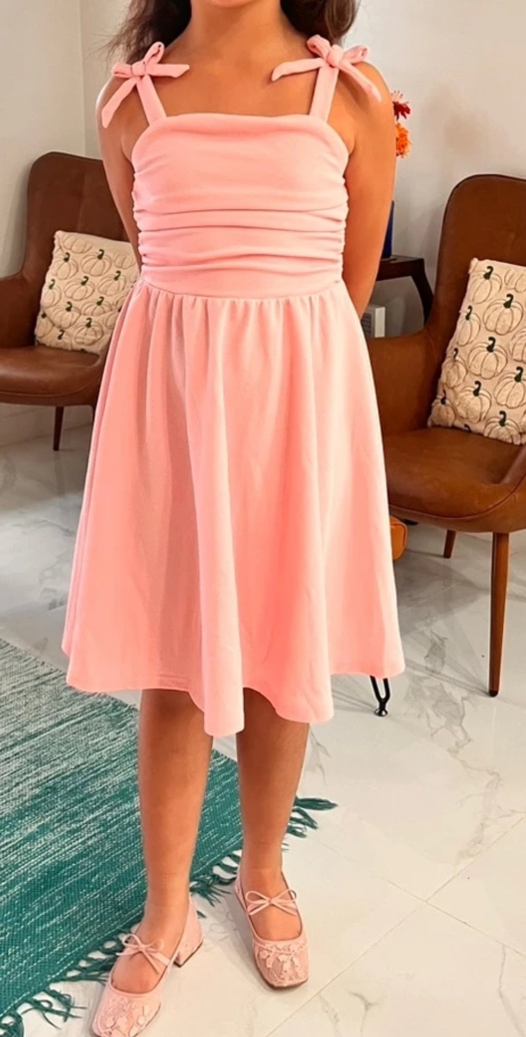 Tween Girl Bow Strap Ruched Fashionable Dress