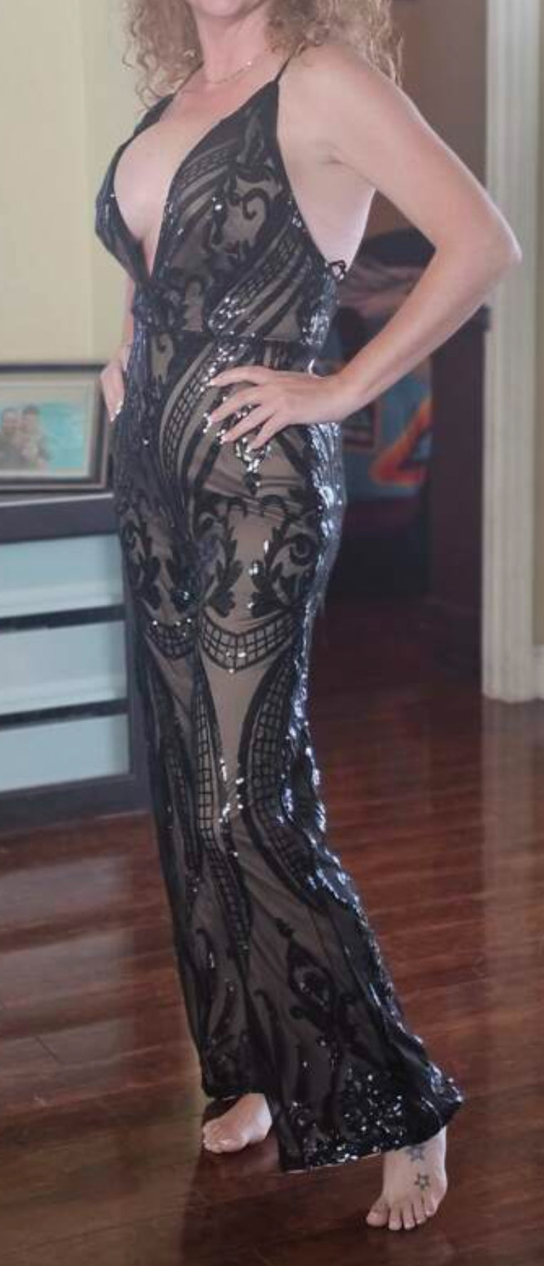 Women's Sequin Deep V-Neck Wide Leg Jumpsuit