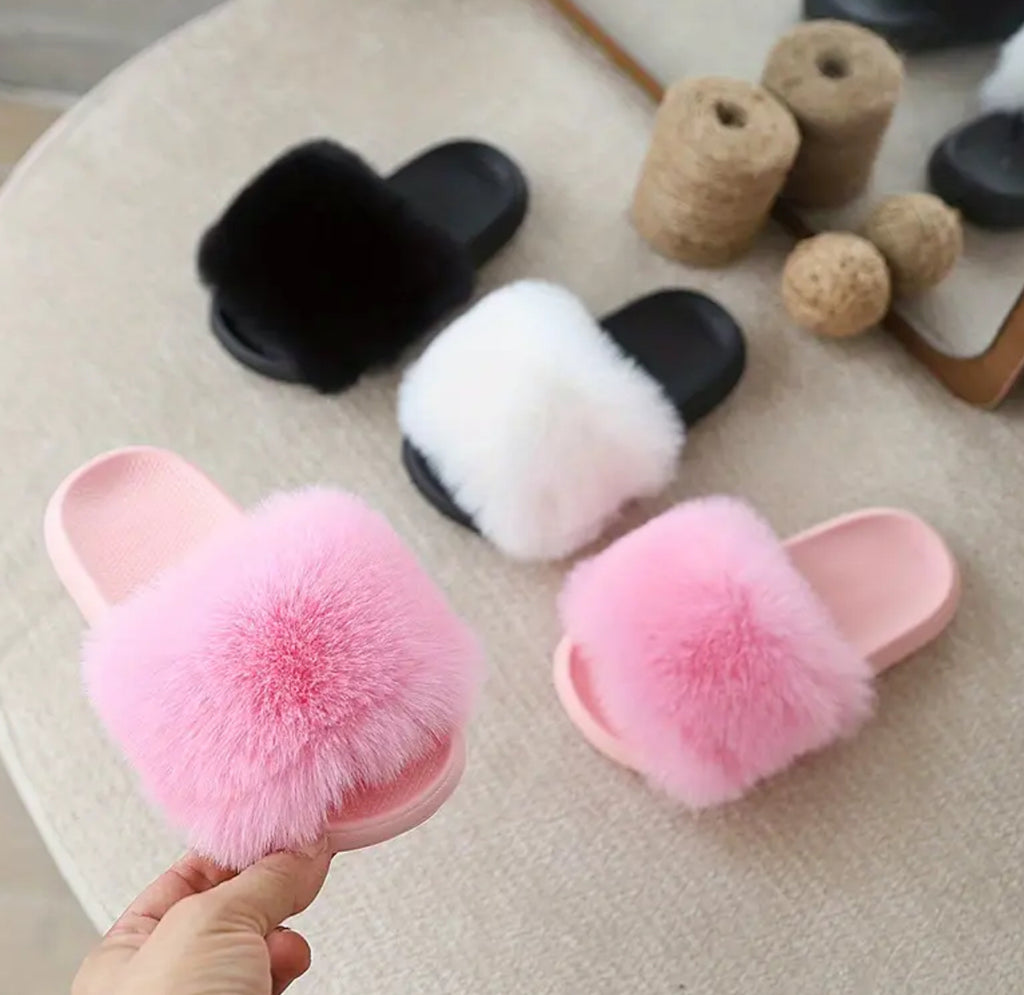 Girls Fluffy Plush Slippers - Slip-On EVA Sole, Non-Slip Comfort