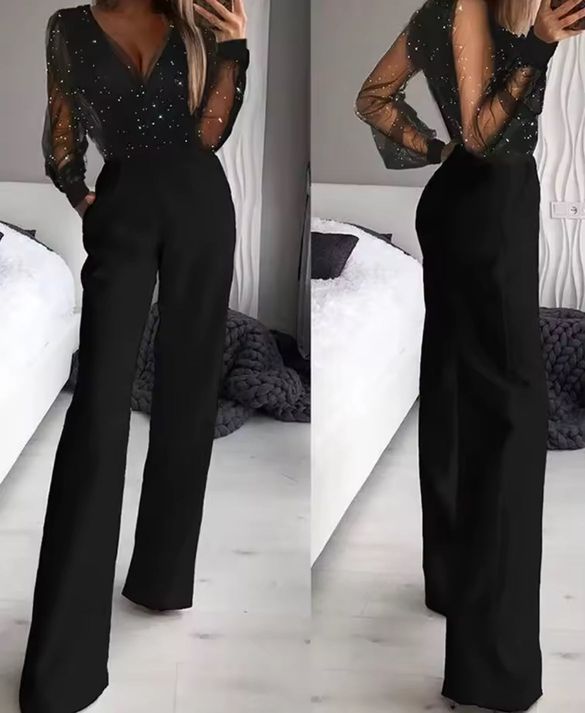 Black Long Sleeved Sequin Wrap Mesh V-neck Solid Color Jumpsuit