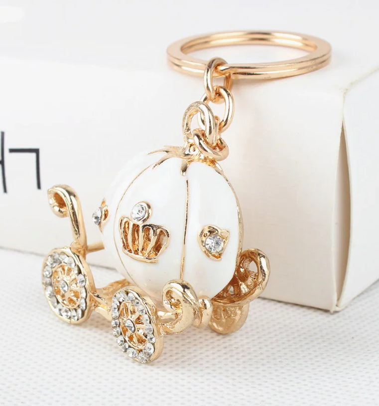 “Cinderella” Enchanting Diamond Inlaid Pumpkin Carriage Pendant with Number Plate Keychain
