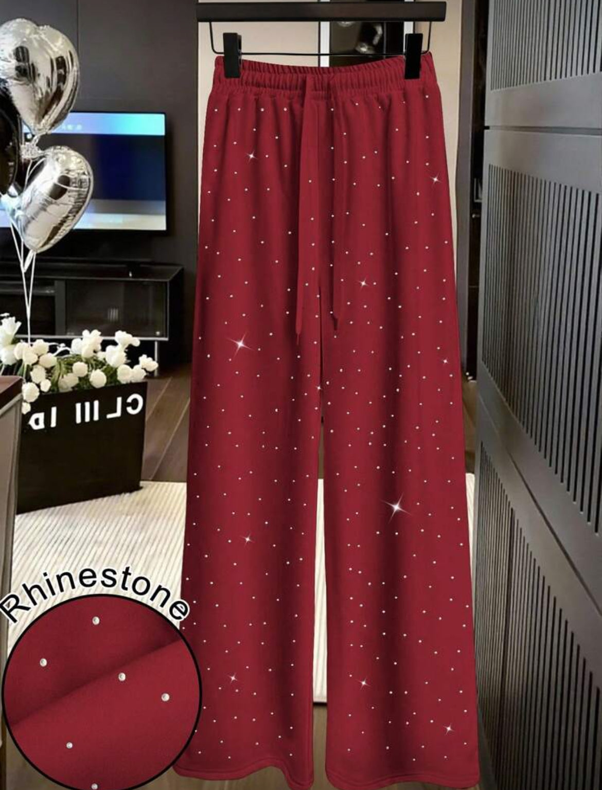 Rhinestone Embellished High Waist Drawstring Loose Fit Sweatpants