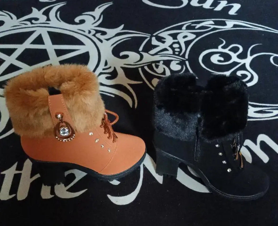 “Rhinestones” Chunky Heel Faux Fur Trim Mid-Calf Boots with Side Zipper by