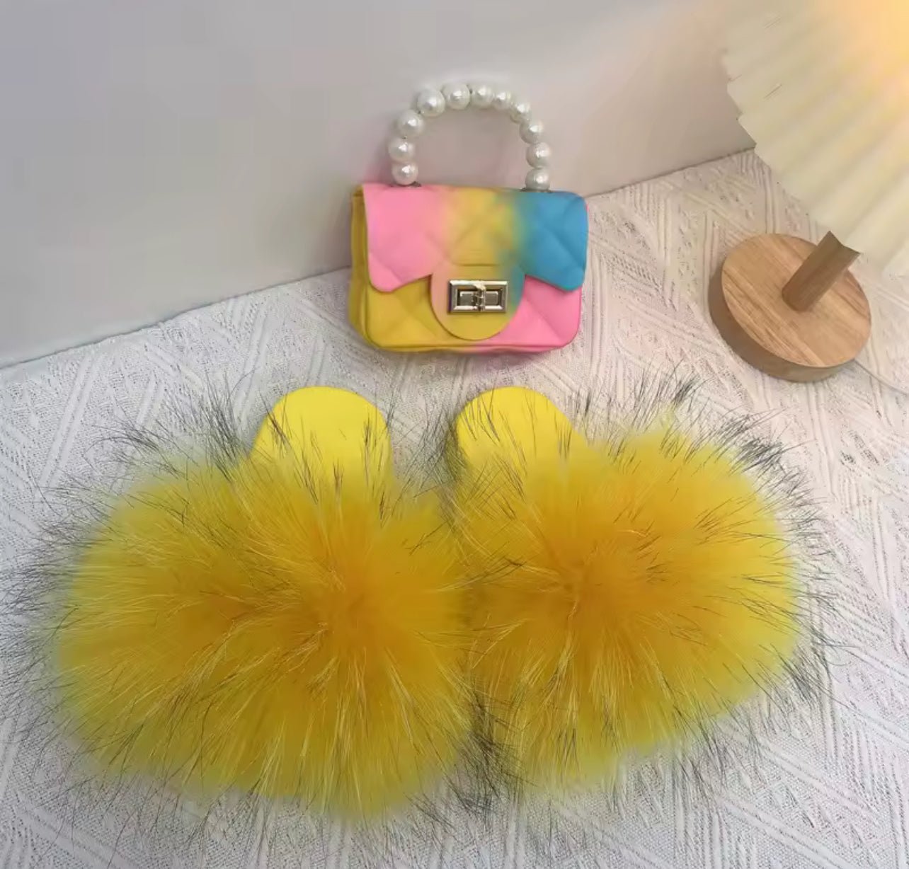 Girls Fashion Faux Fur Slippers & Purse Set