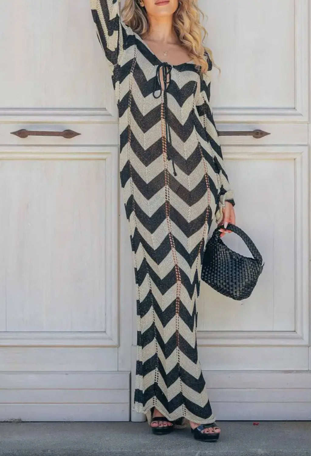 Boho Chic Chevron V-neck Long Dress |Long Dress Tie-Up Low Cut Bust Detail