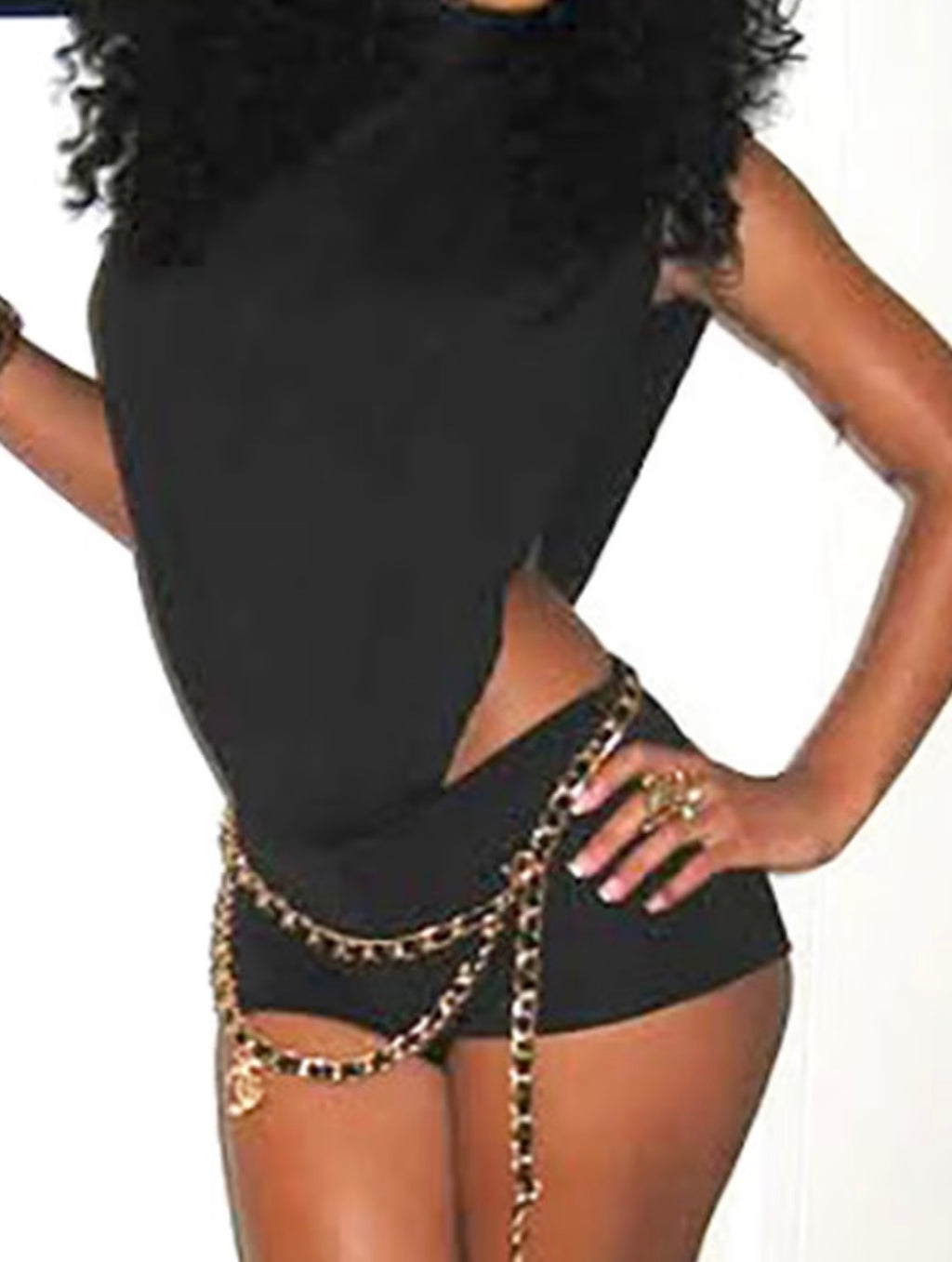 One-Piece, Body-Shaping Romper Playsuit, Black Shorts with Side Cut-Outs