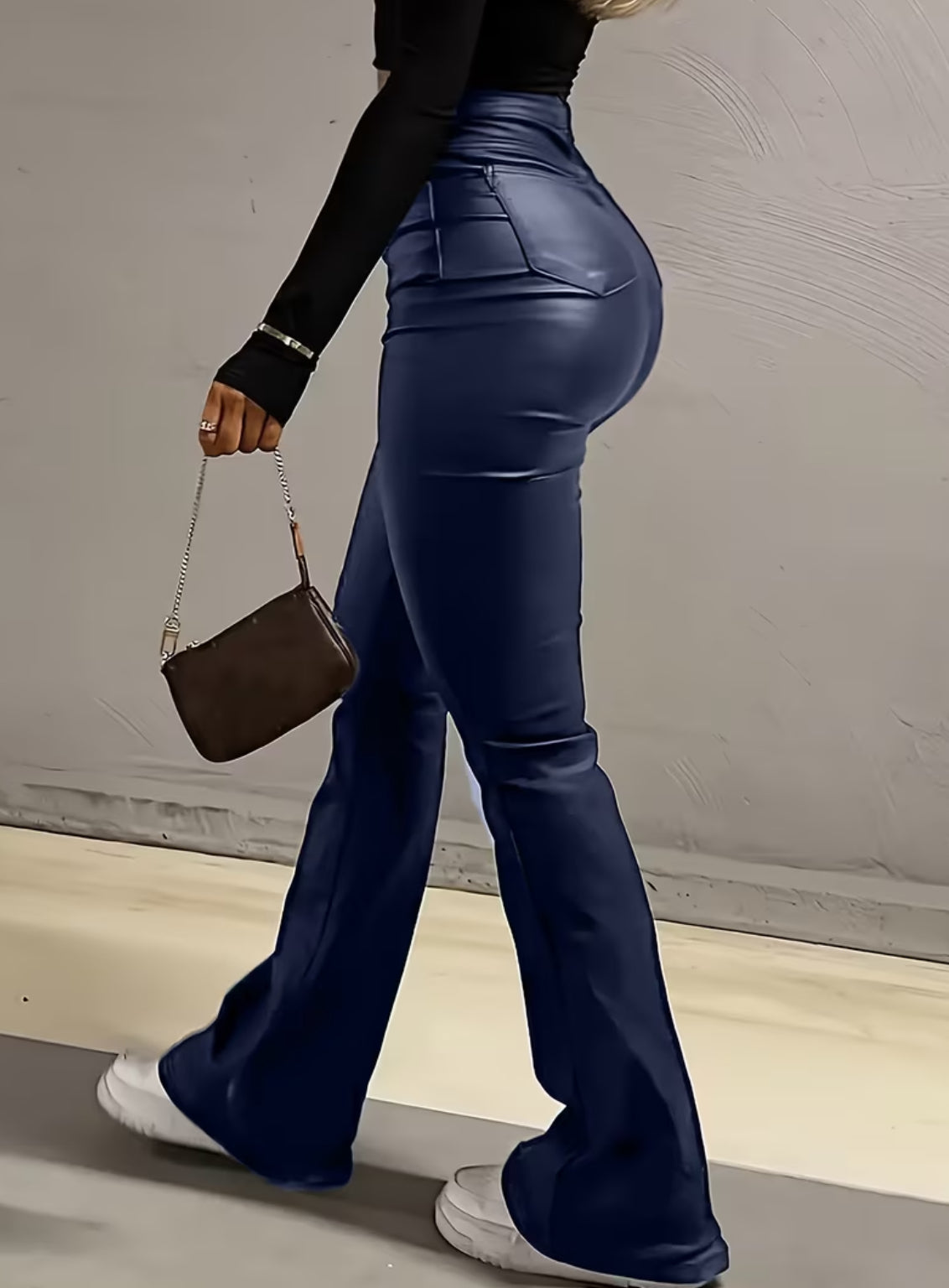 Women's Flared Bell Bottom High-Waisted, Faux Leather- Machine Washable 