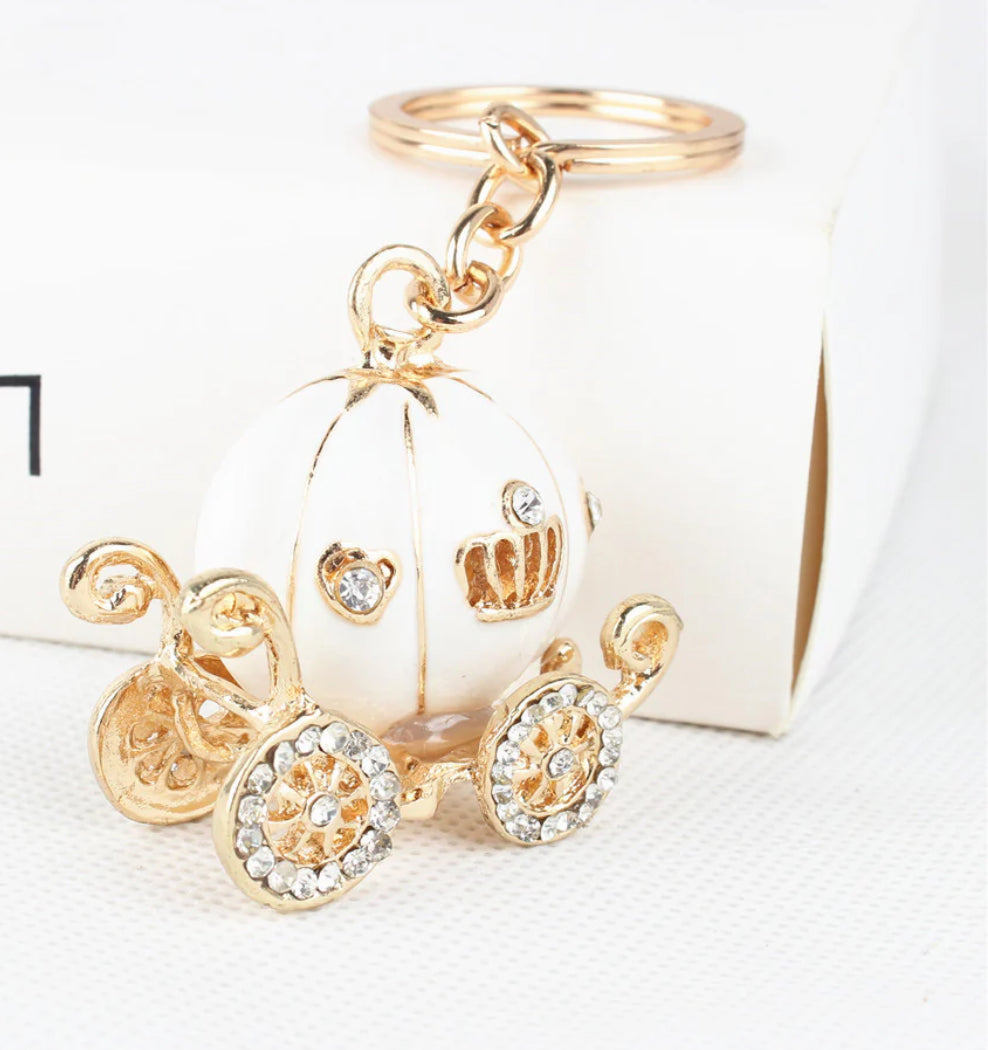 “Cinderella” Enchanting Diamond Inlaid Pumpkin Carriage Pendant with Number Plate Keychain