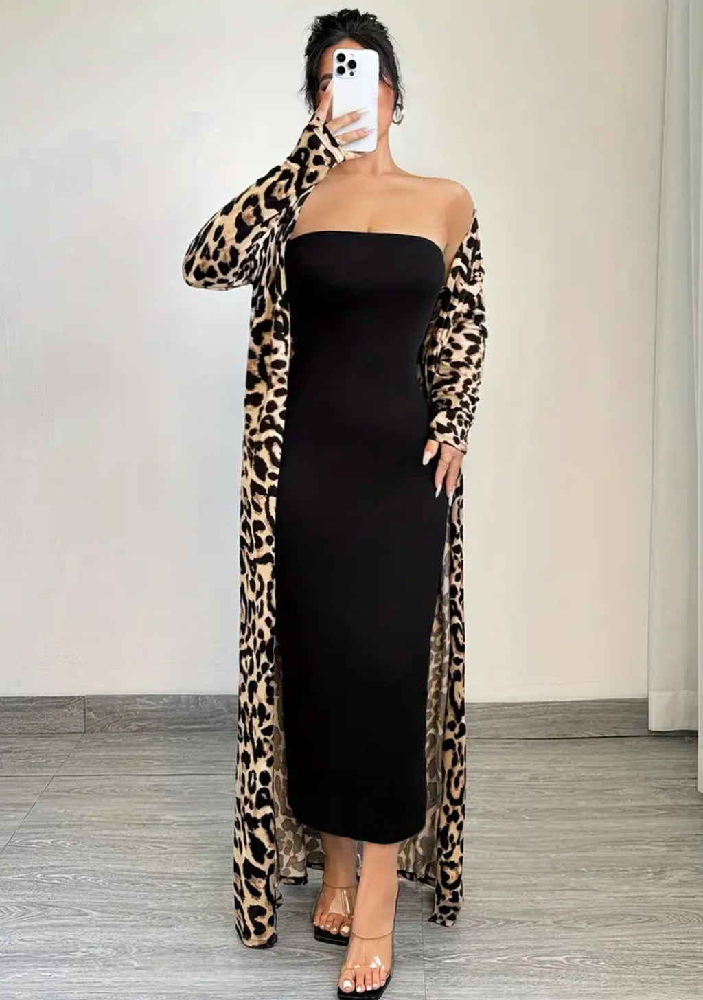 2pcs Leopard Longline Cardigan + Chic Tube Top Body-con Ankle Length Black Dress