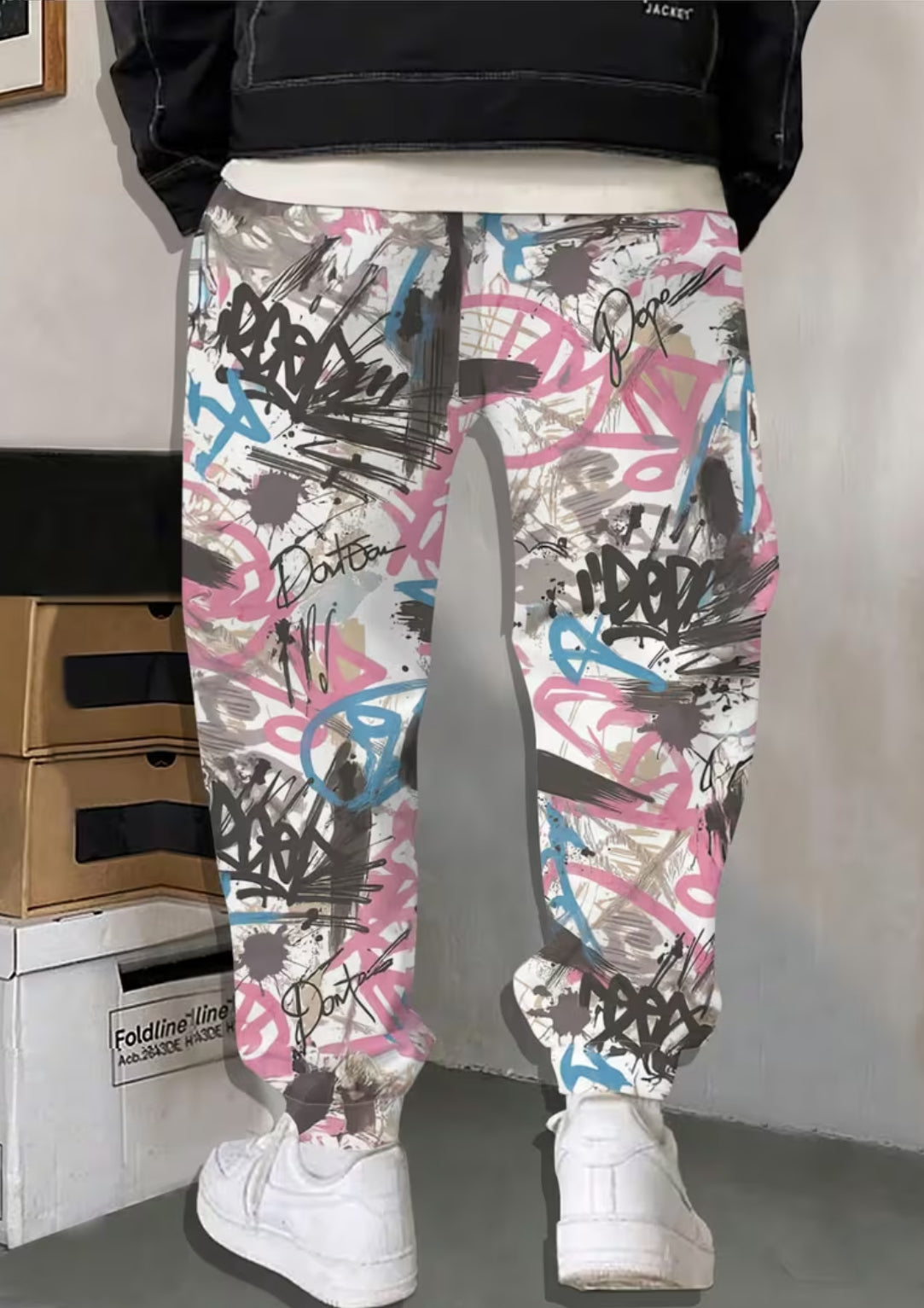 Men's Graffiti Print, Tapered - Loose Fit Streetwear Joggers