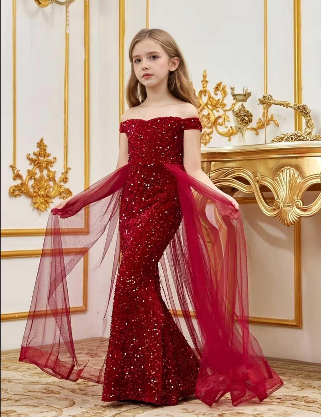 Girls' Luxury Off-Shoulder Tulle Layered Sequin Mermaid Dress