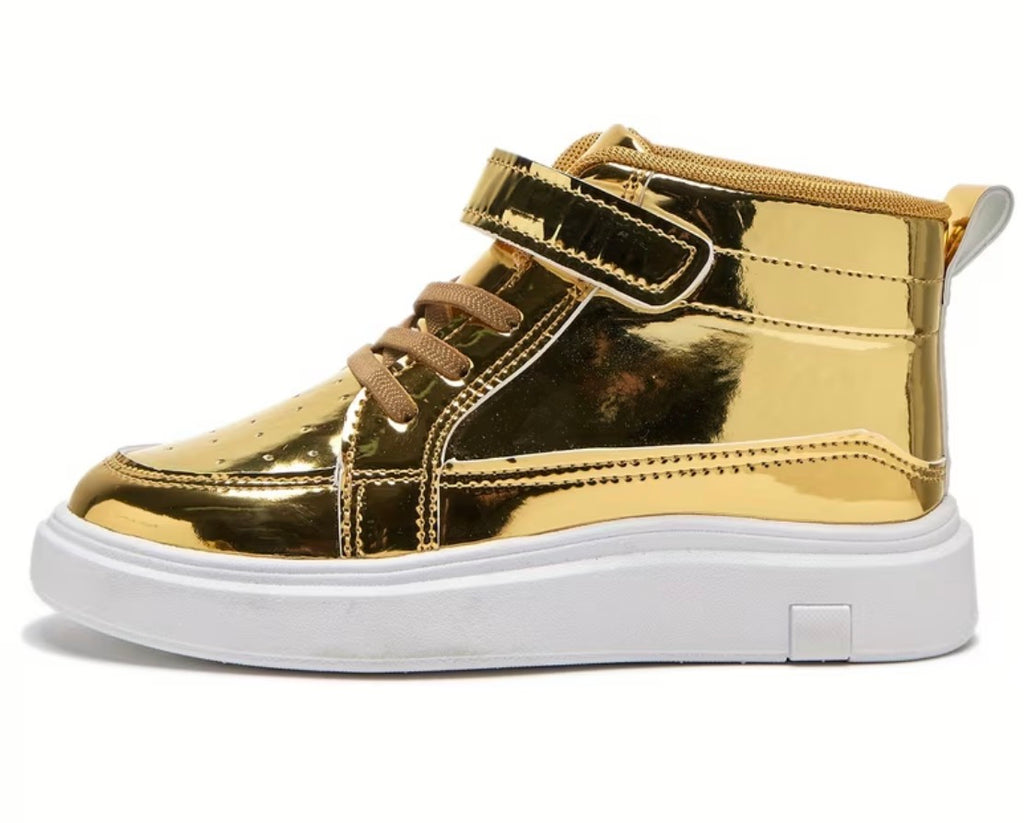 Kids' Gold Metallic High-Top Sneakers, Laces + Hook & Loop Velcro Strap
