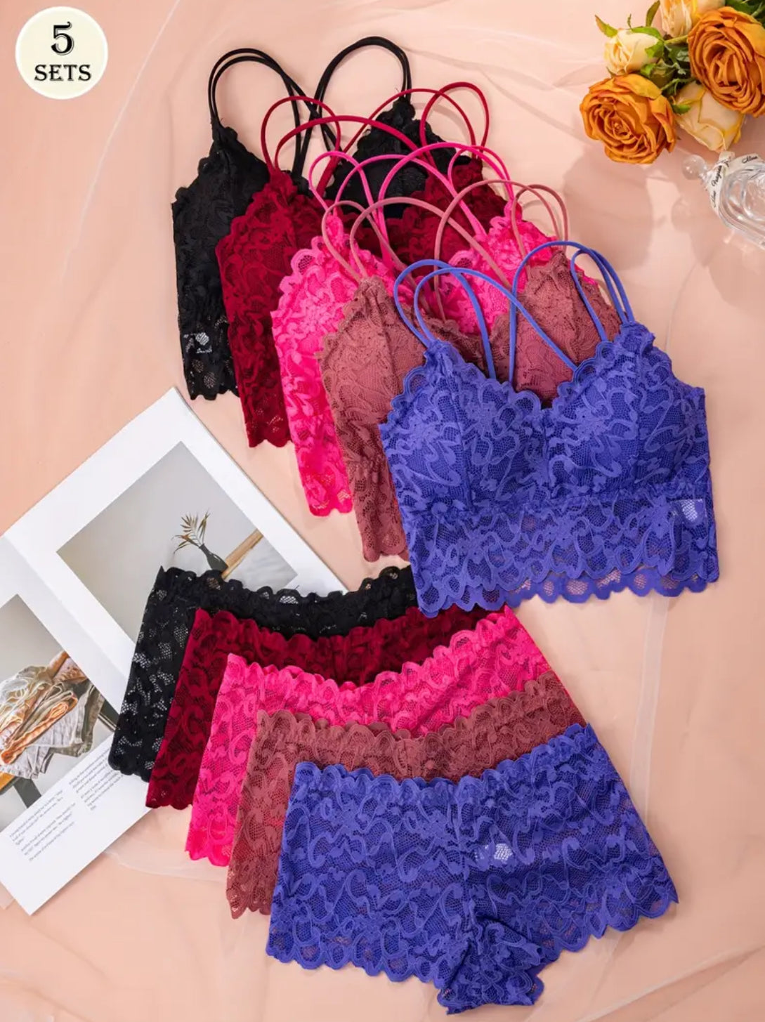 5 Set ‘DIVA’ Soft Lace Lingerie Bralette & Undergarments
