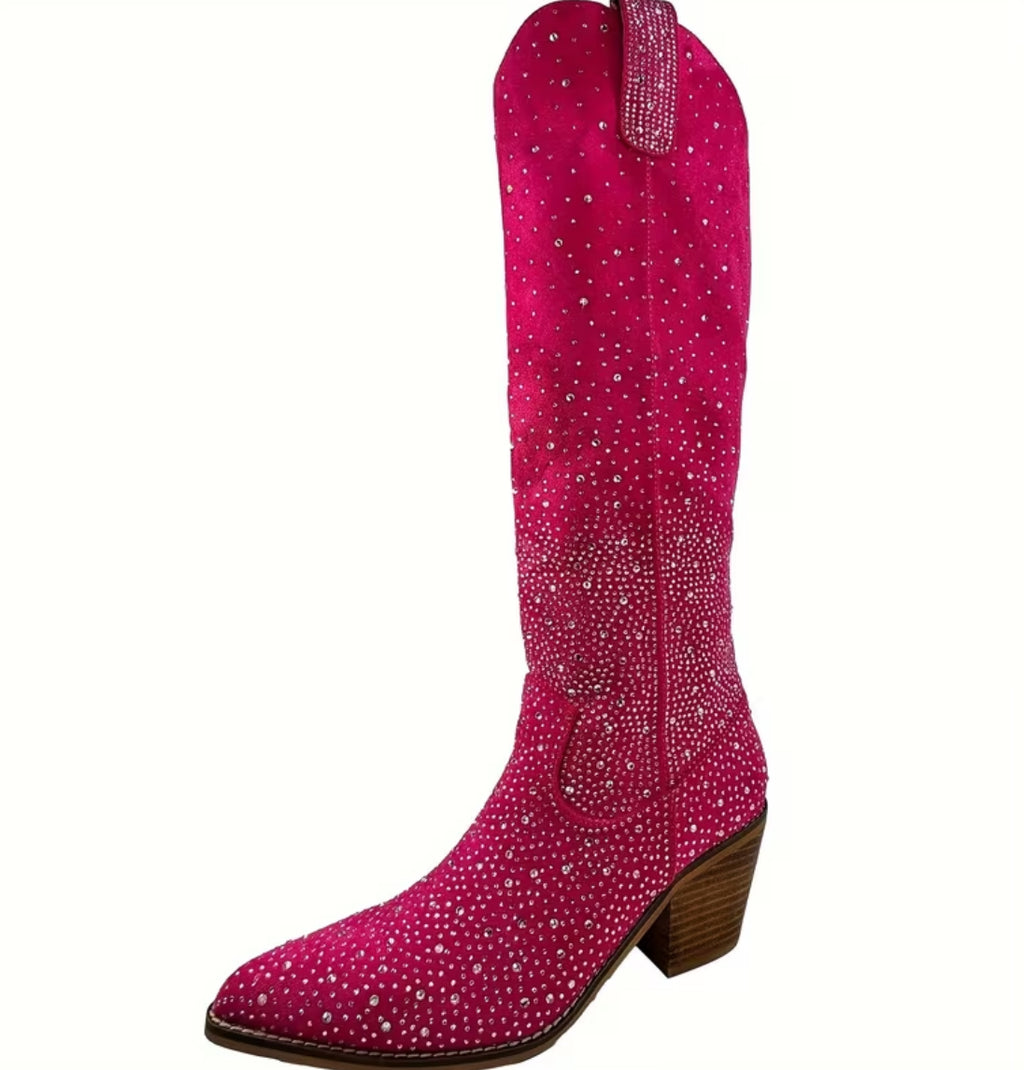 Crystal’s Encrusted Women's Western Cowboy Knee-High Boots + Side Zipper 