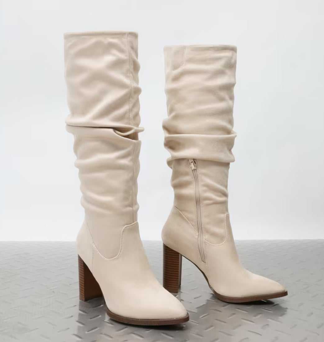 Suede Slouchy Knee-High Boots With a Chunky Block Heel Pointed Toe Side Zipper & Pull Accent