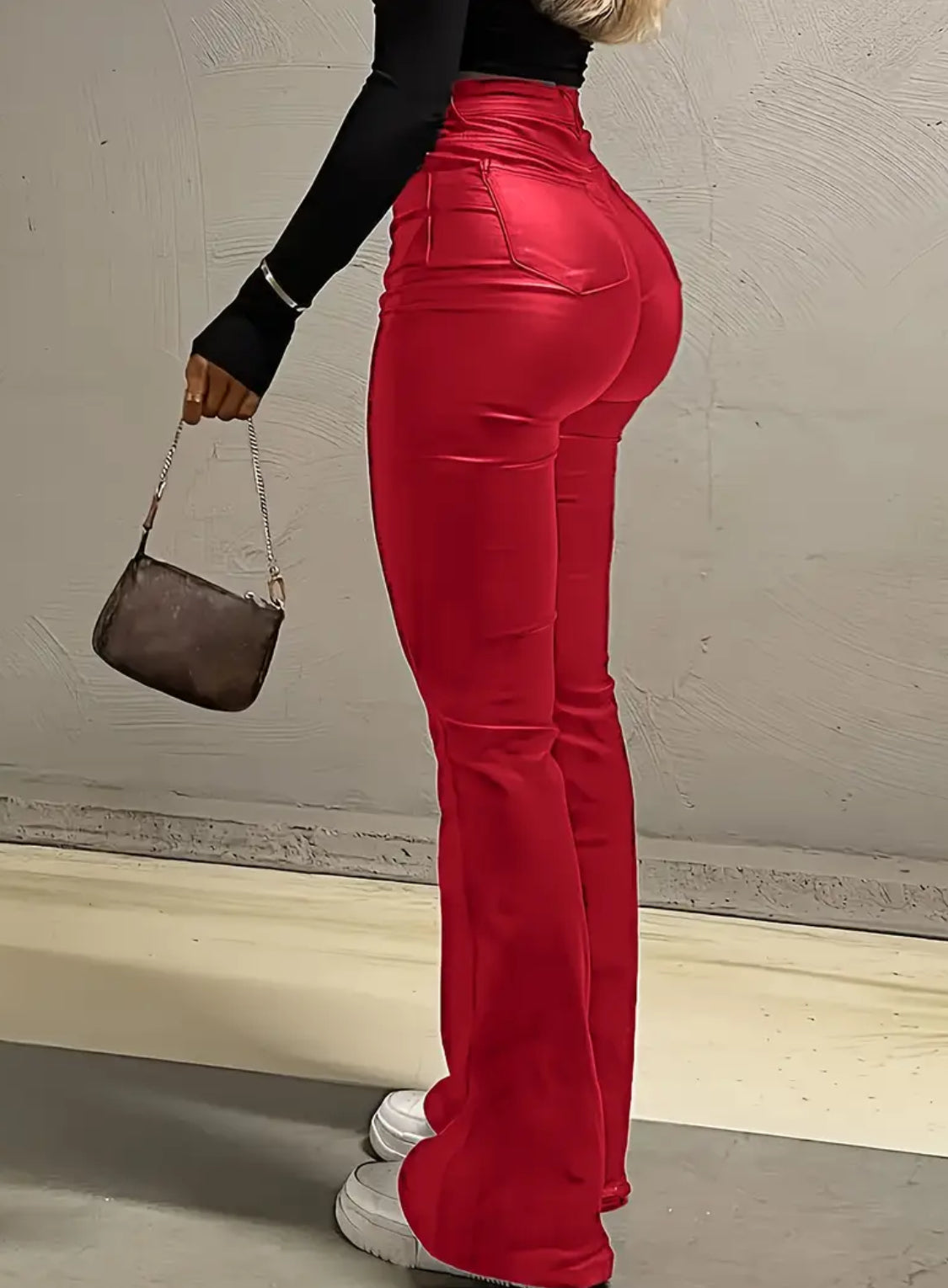 Women's Flared Bell Bottom High-Waisted, Faux Leather- Machine Washable 