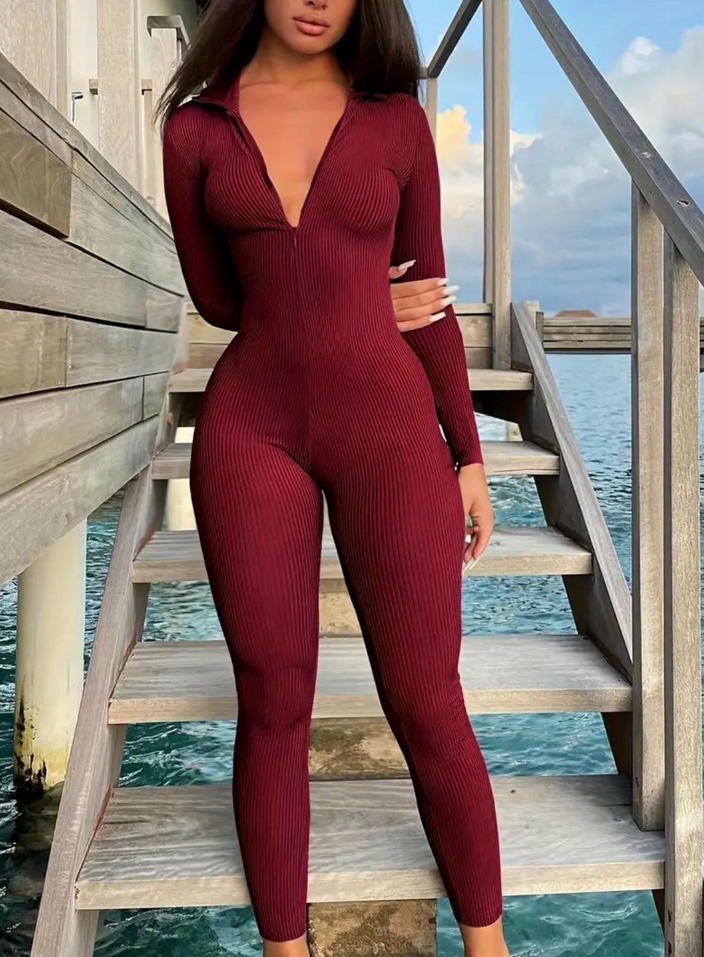 “Gia” Ribbed High Neck Long Sleeve Stretchy Butt-Lifting Fitness Jumpsuit