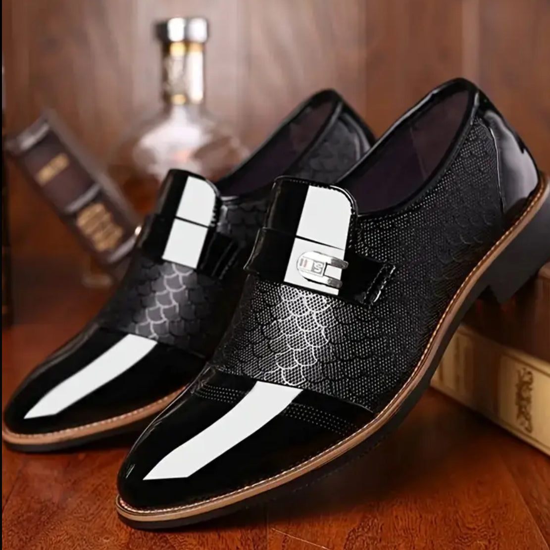 Men’s Dress Shoes Featuring A Shiny Patent Faux Leather, Upper Textured Mid-Section + Decorative Strap Across