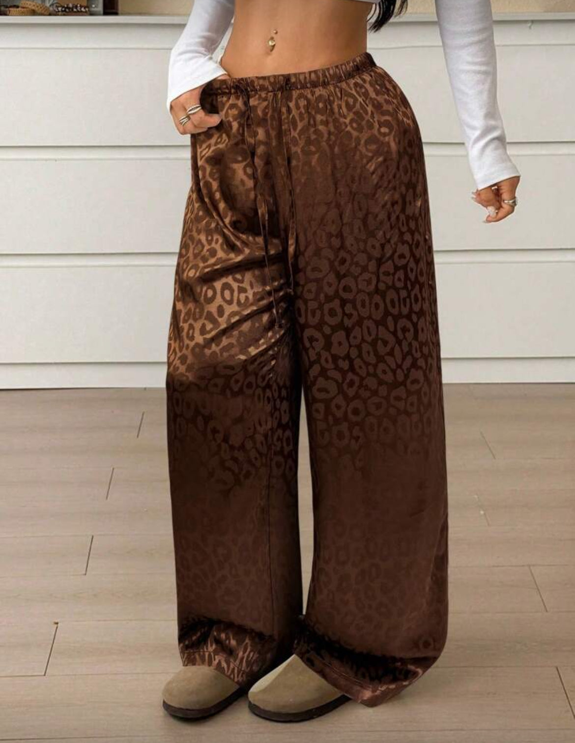 Leopard Print Pajama Pants Relaxed Wide-leg Fit, Drawstring Waist