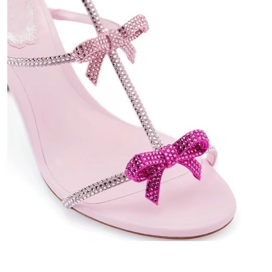 ‘Pink Bows & Rhinestones’ Embellished Bow Strap Sandal Stilettos In Pink 