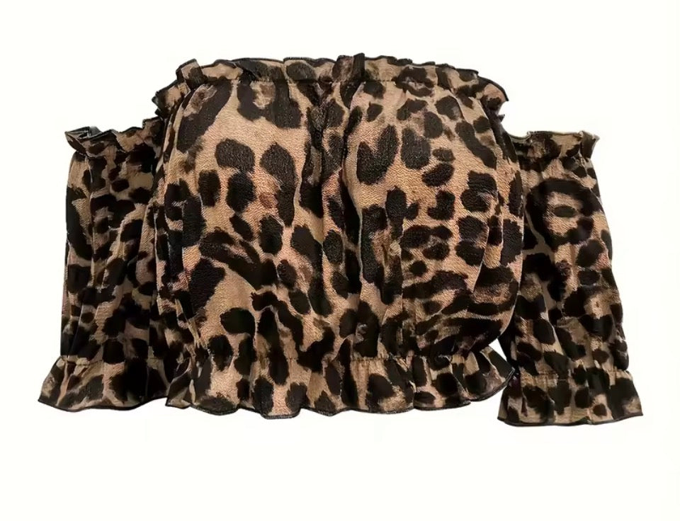 Leopard Printed Off-Shoulder Ruffle Top and Asymmetrical High-low Skirt Set