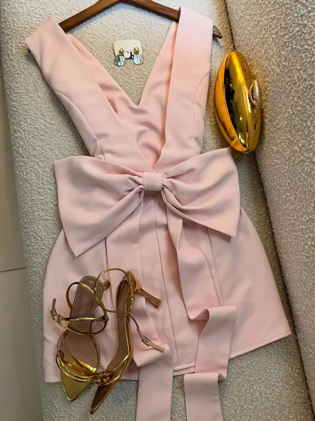 ‘PINK BOWS’  Elegant Flattering Belted Silhouette Deep V-Neck Mini Dress