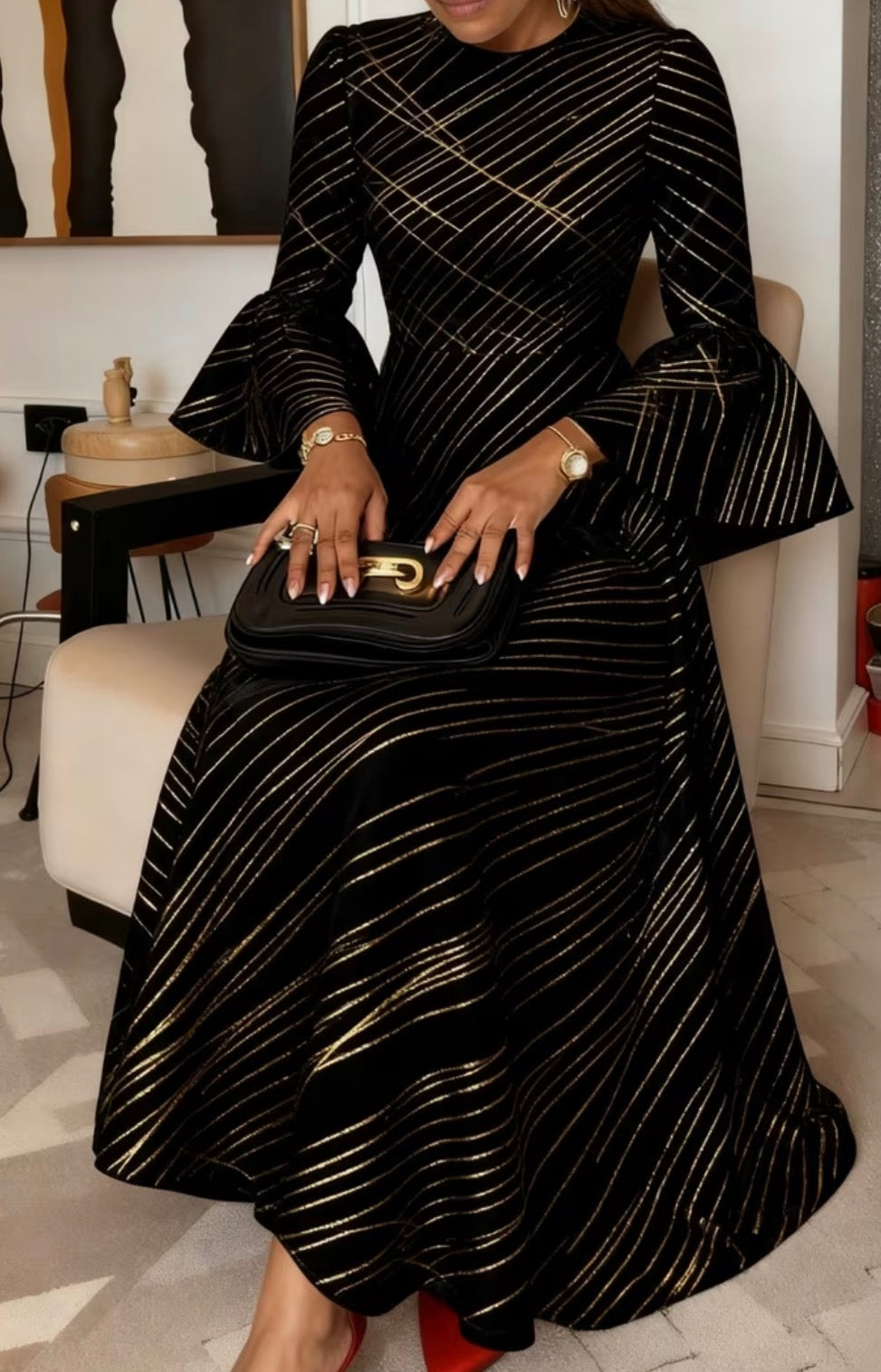 1XL-6XL Elegant Flared Ruffled Bell, Round Neck Soft Stretchy Polyester Dress