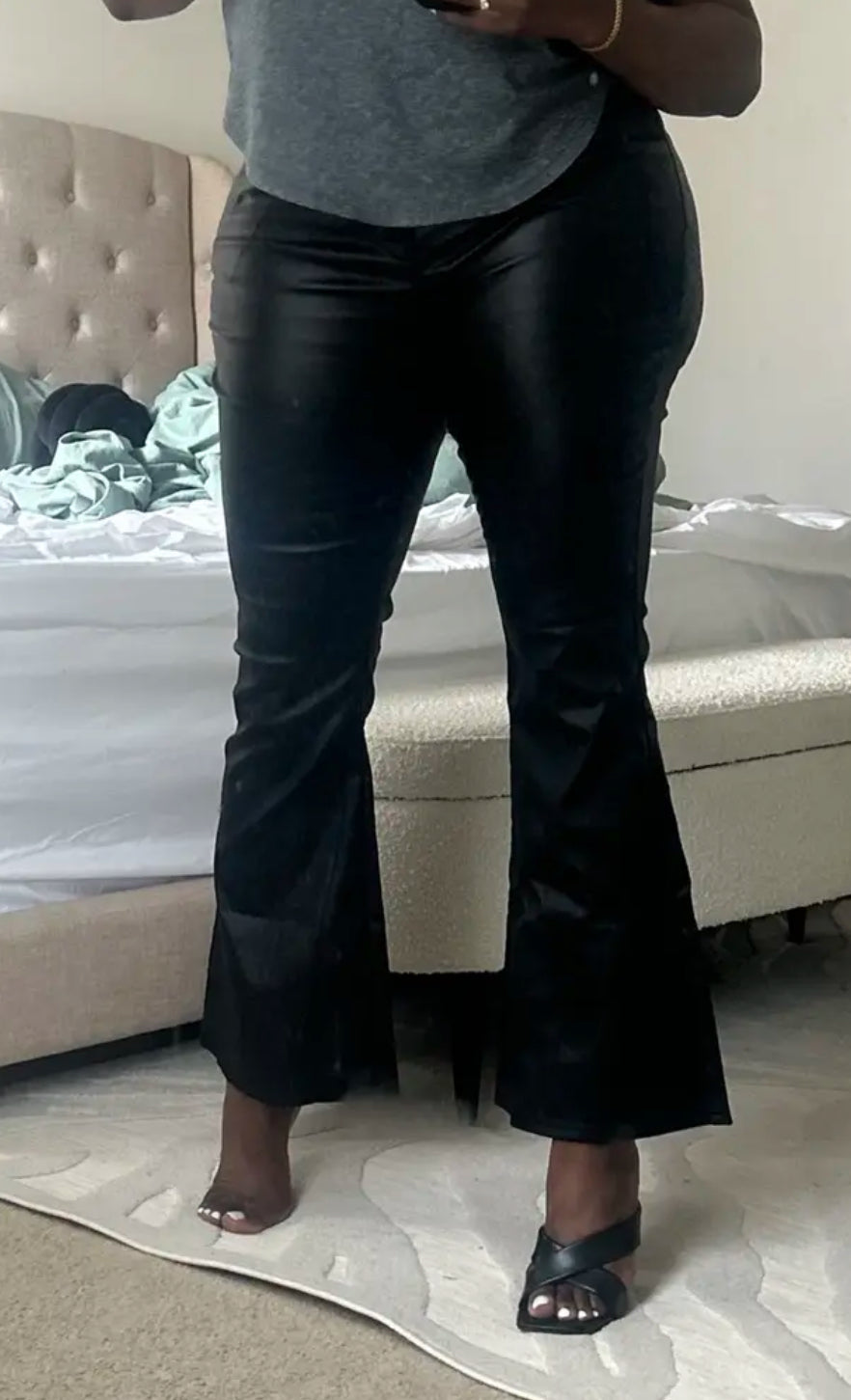 Women's Flared Bell Bottom High-Waisted, Faux Leather- Machine Washable 