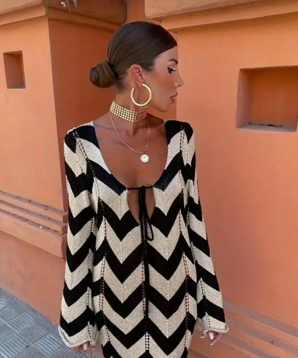 Boho Chic Chevron V-neck Long Dress |Long Dress Tie-Up Low Cut Bust Detail