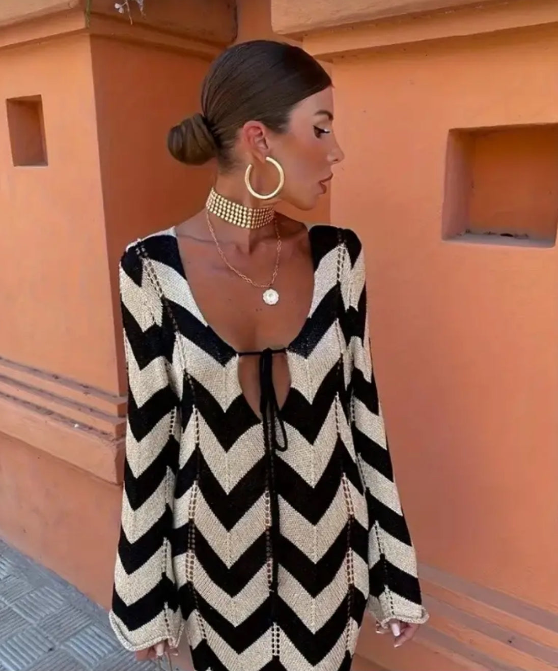 Boho Chic Chevron V-neck Long Dress |Long Dress Tie-Up Low Cut Bust Detail