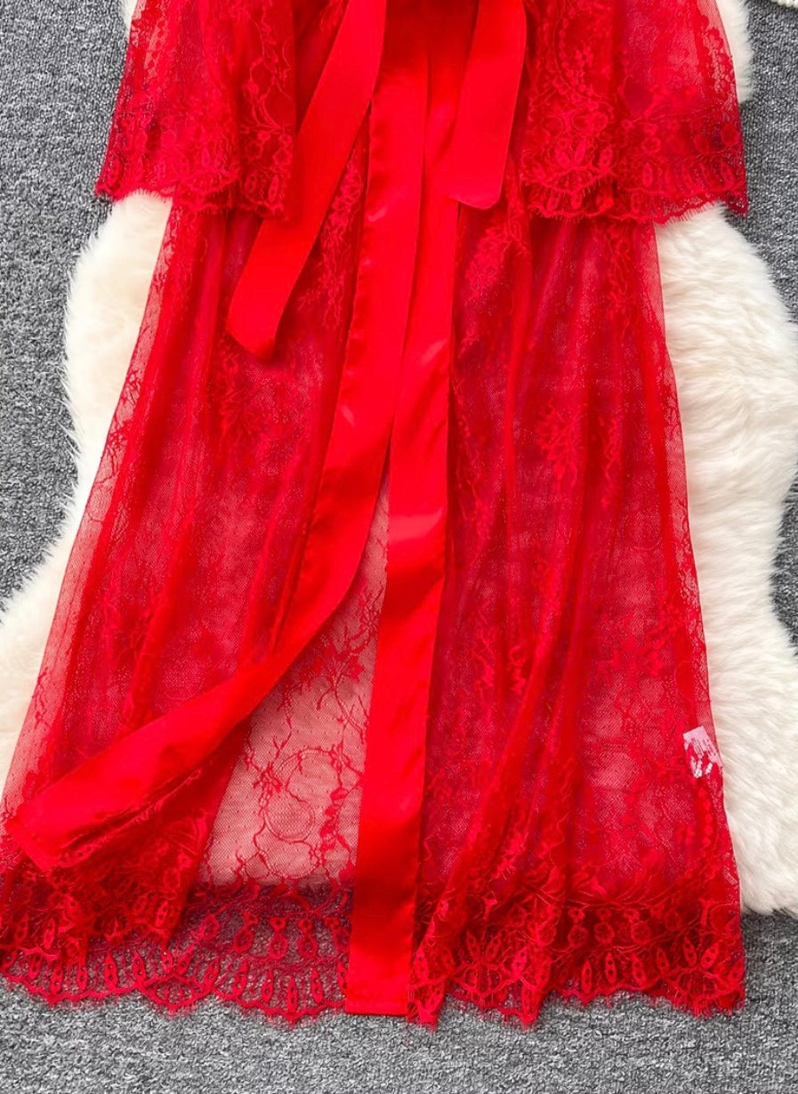 Elegant Floor- Length Sheer Lace Floral Robe