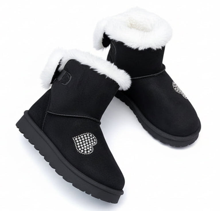 Girls' Winter Mid-Top Snow Boots with Rhinestone Heart & Bows