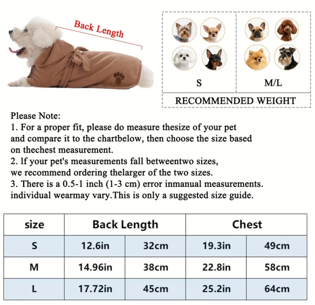 Paw Print Pet Robe 1pc- Adjustable Hook-and-Loop & Rope Closure, Machine Washable 