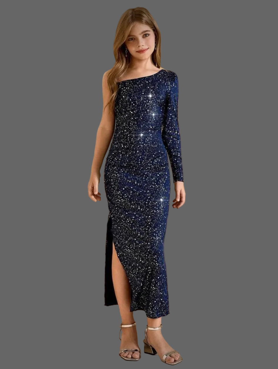 Tween’s “Majestic” Single-Sided Long Sleeve Waist-Cinching Slit Dress