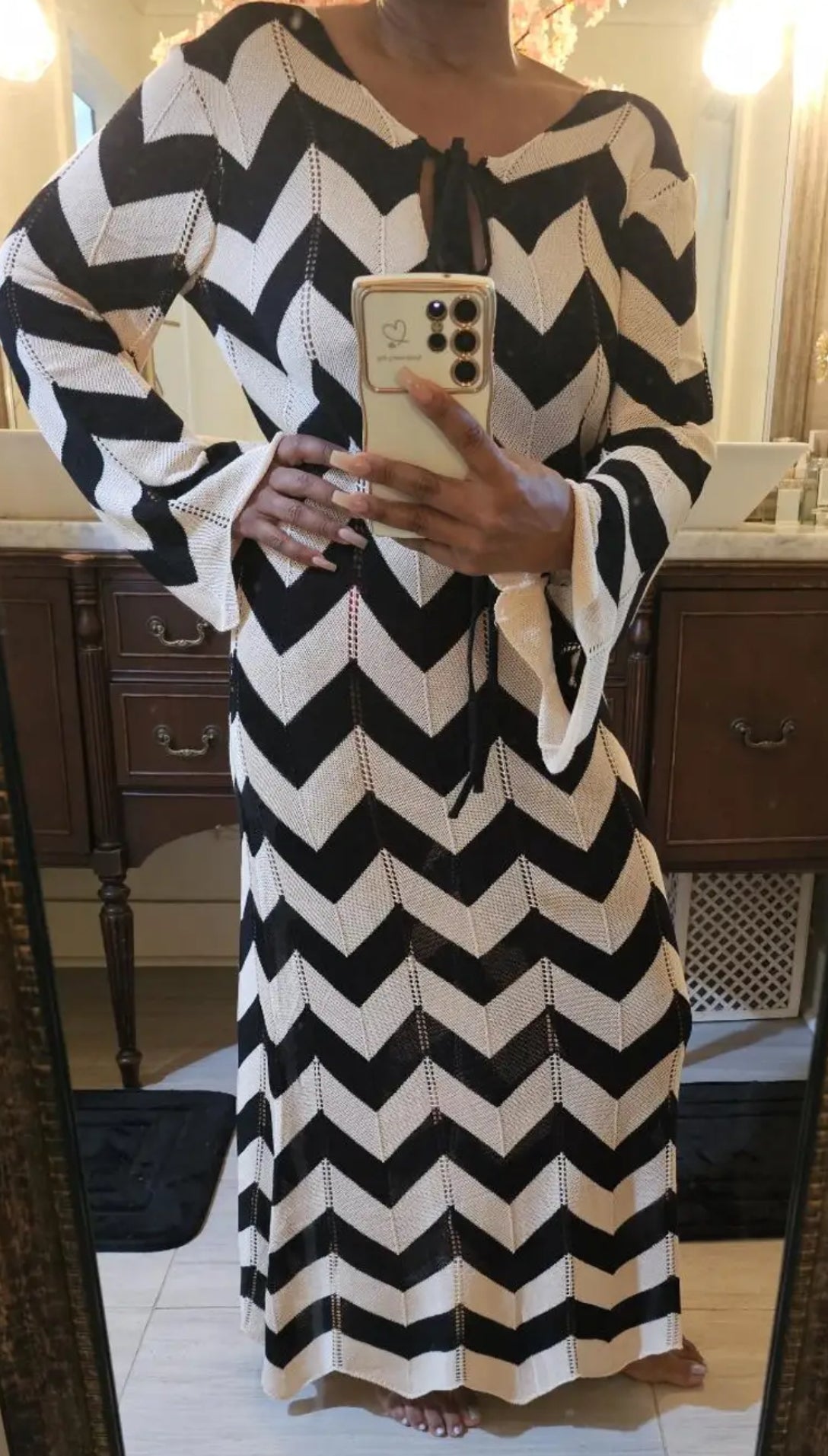 Boho Chic Chevron V-neck Long Dress |Long Dress Tie-Up Low Cut Bust Detail