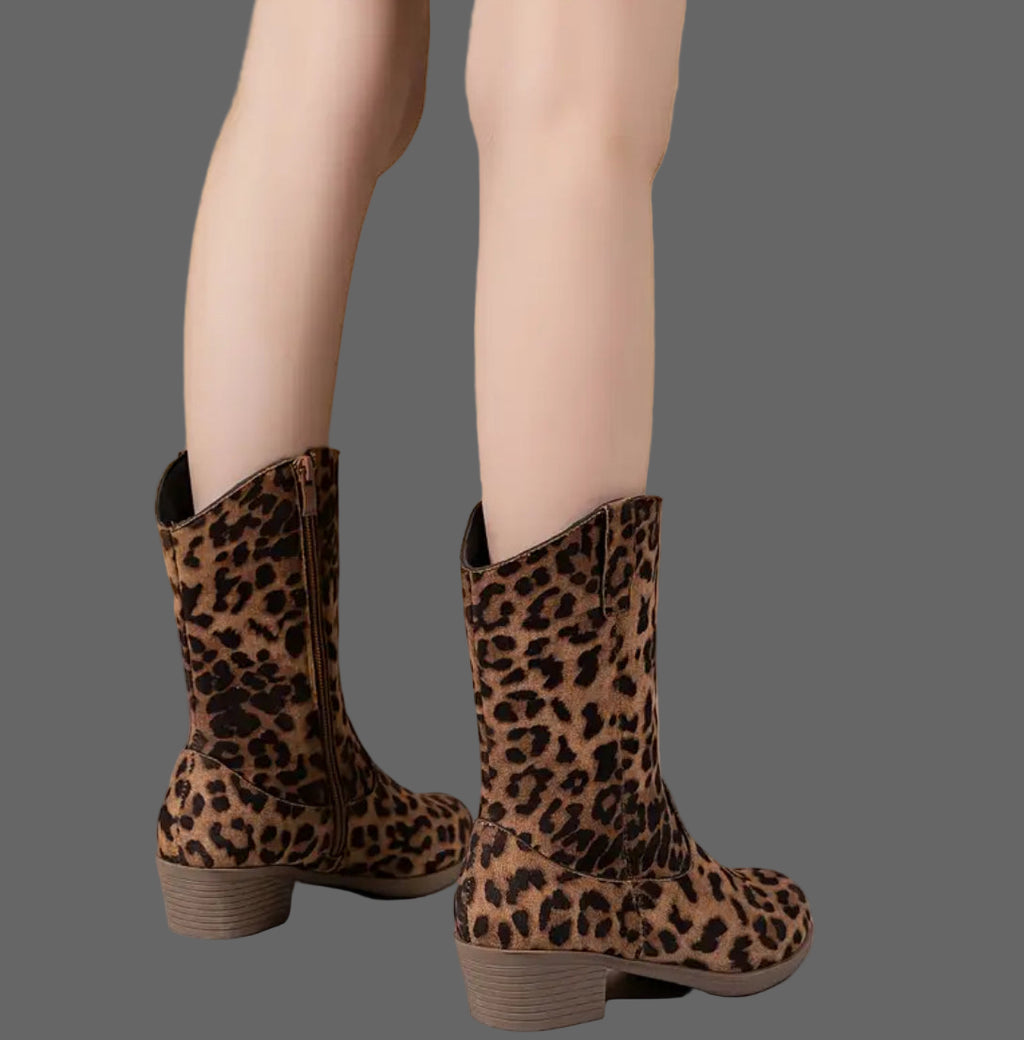 Girls Western Mid-Calf Boots, Side Zipper Leopard Print Design