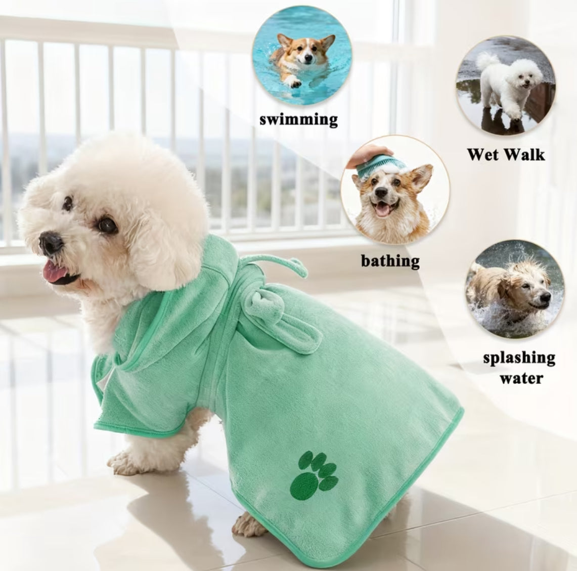 Paw Print Pet Robe 1pc- Adjustable Hook-and-Loop & Rope Closure, Machine Washable 