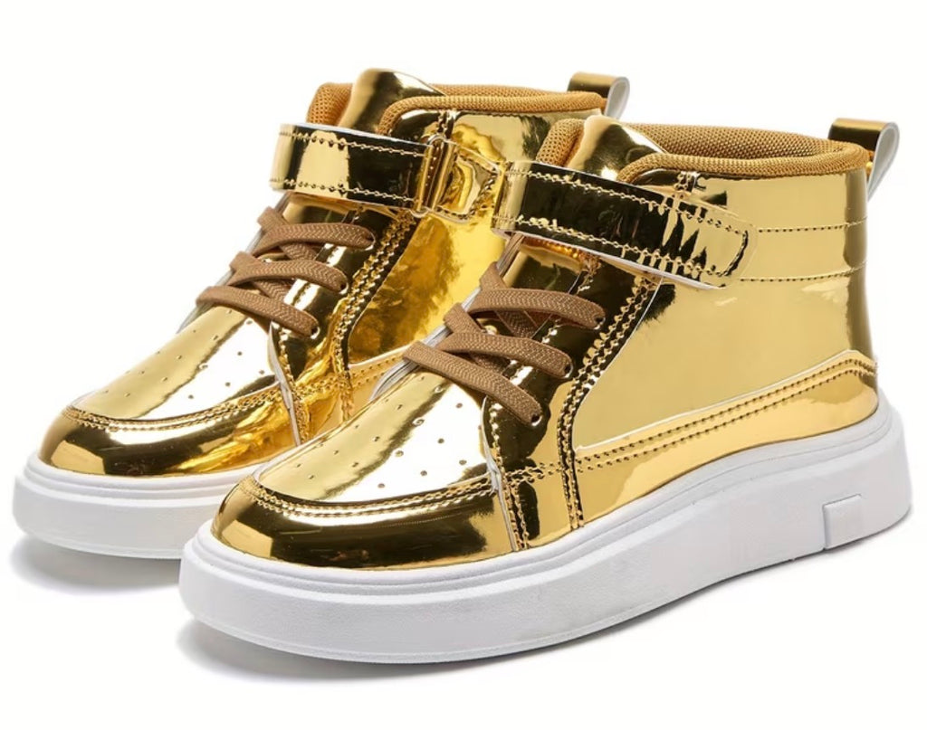 Kids' Gold Metallic High-Top Sneakers, Laces + Hook & Loop Velcro Strap