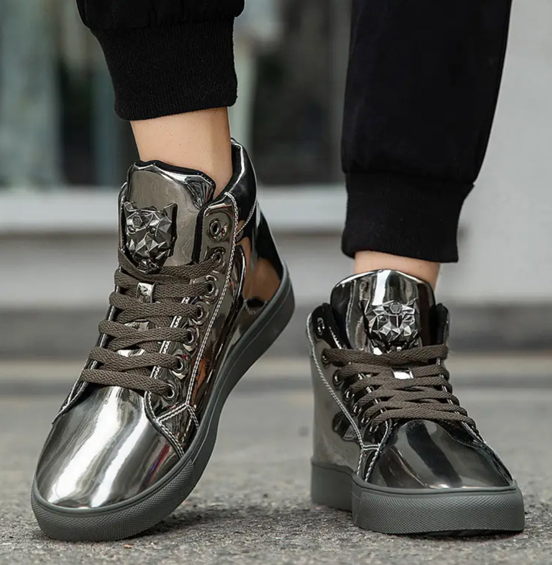Men's Metallic High-Top Urban Streetwear Sneakers | Lace-Up Closure