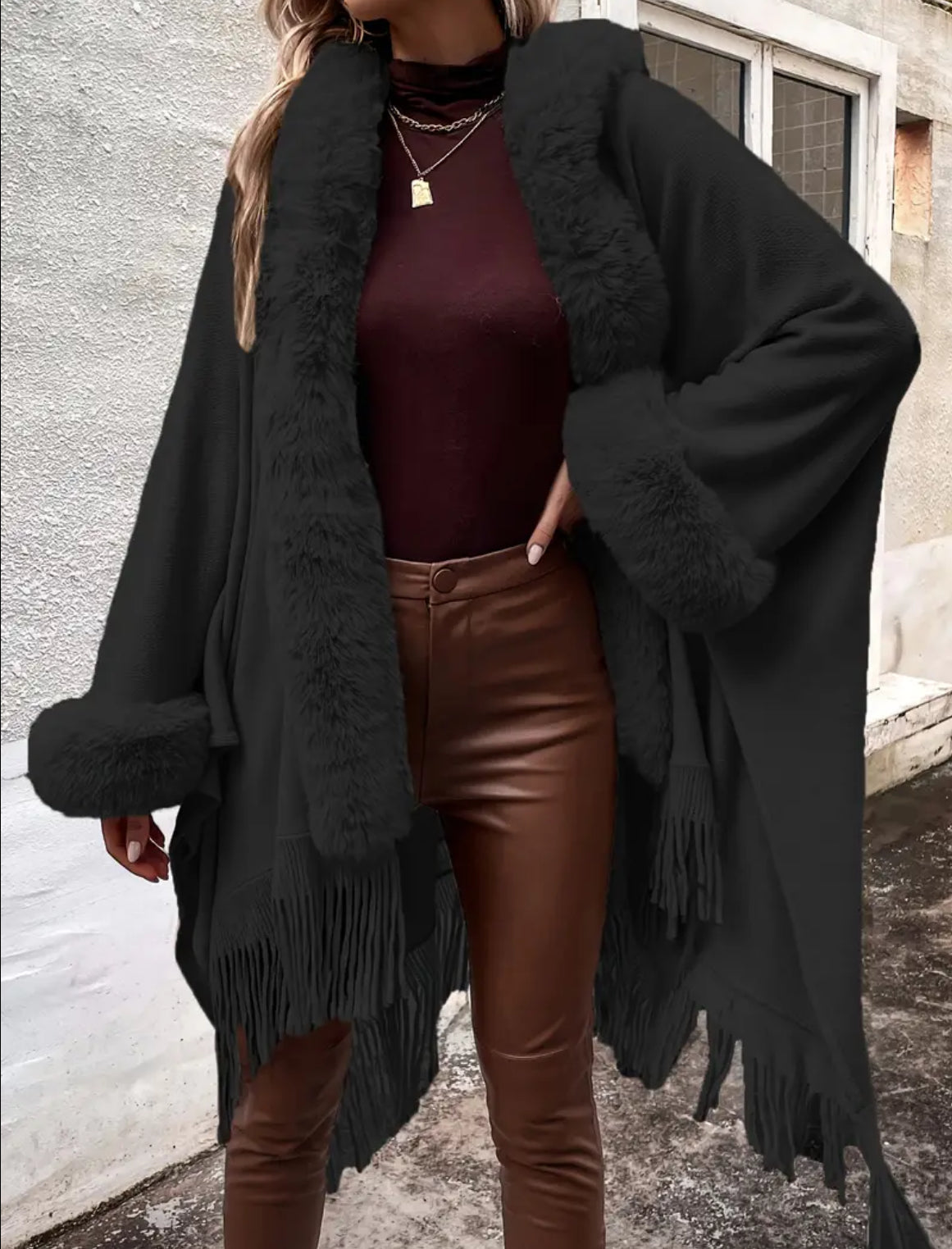 Chic Hooded Cape Coat - Long Sleeve V-Neck with Fringe Trim