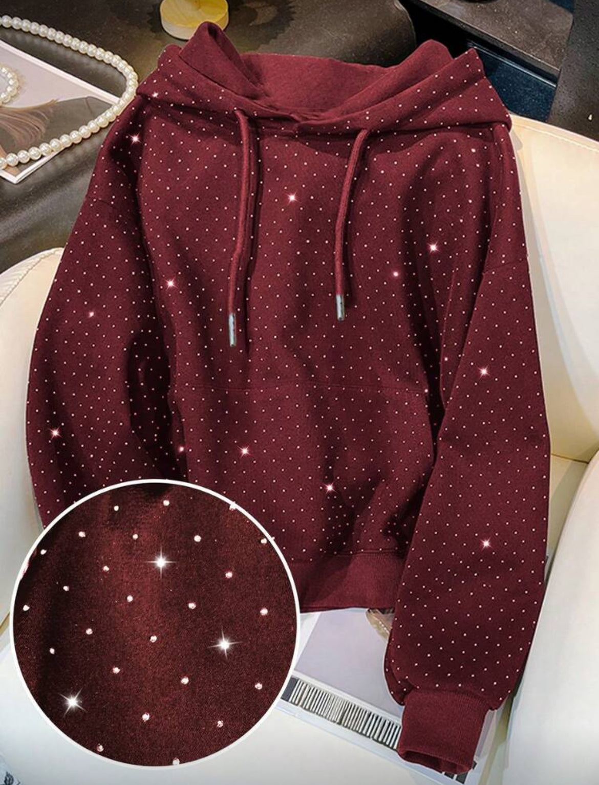 Rhinestone Studded Zip Up Hoodie Sweatshirt