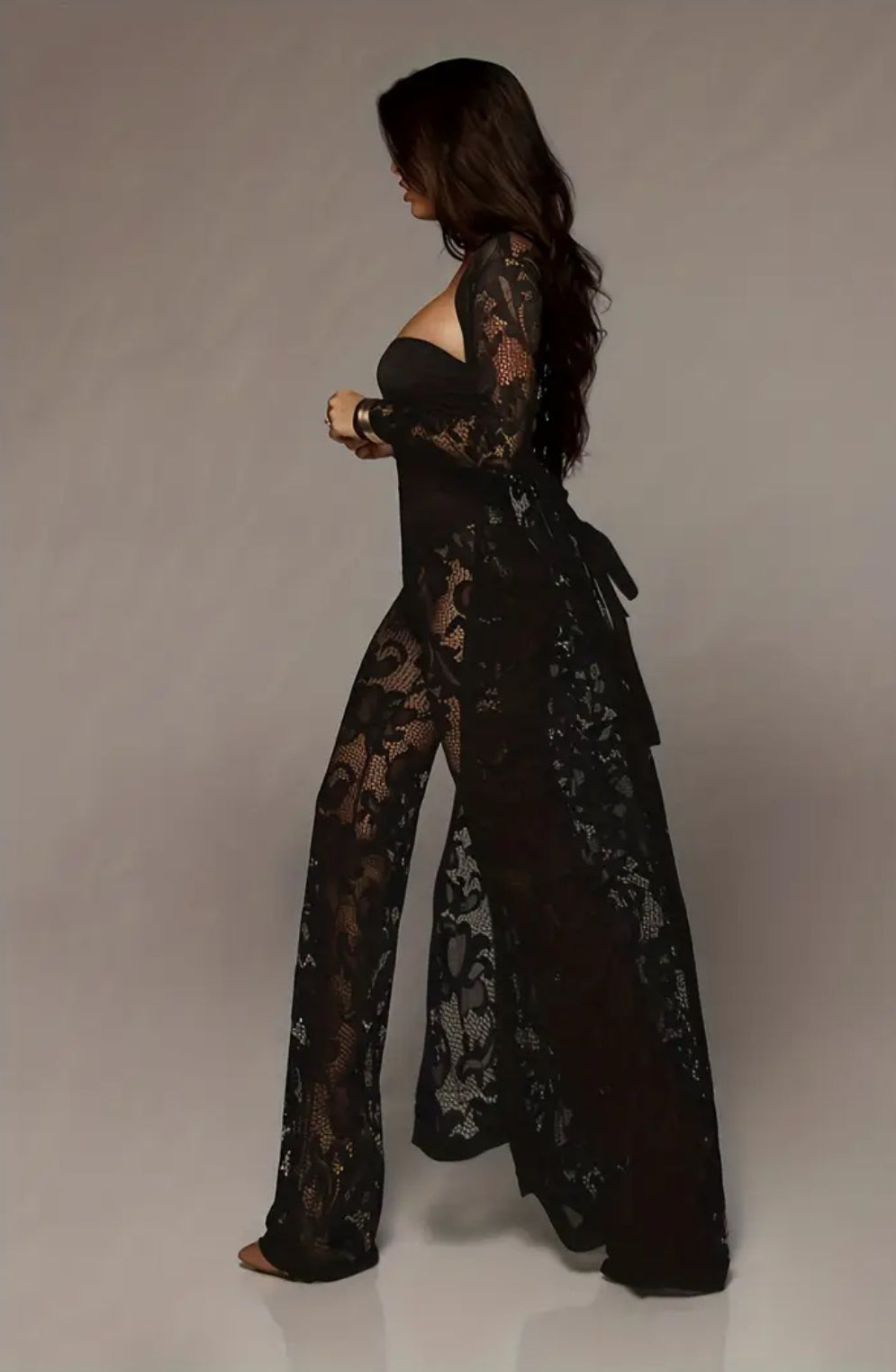 Versatile 3pcs Set - Elegant Wide-Leg Pantsuit Ensemble with Lace Detailing