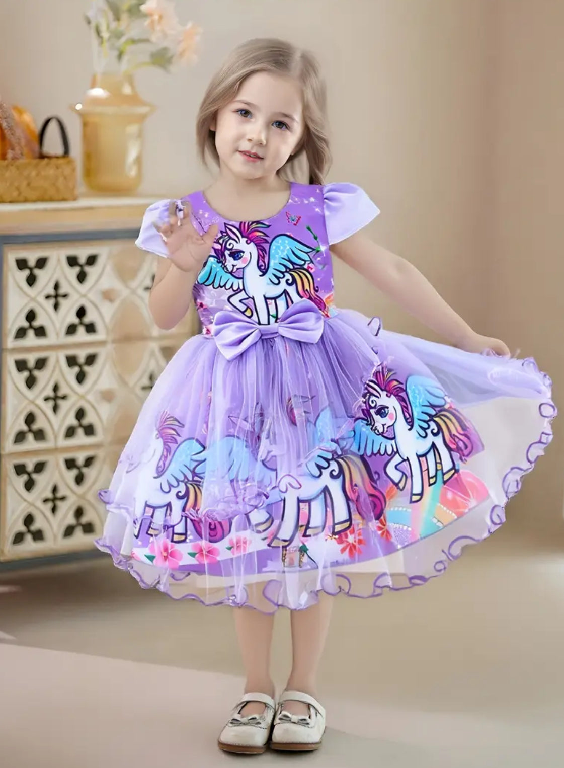 Girls Unicorm Dress Petal Sleeves, Mesh Detail, Knee-Length with Bow Accent 🦄