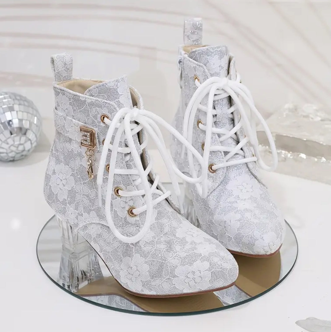 Ankle Boots with Crystal-Embellished Lace-Up Closure, Chunky Heel - Comfortable Fabric Upper 