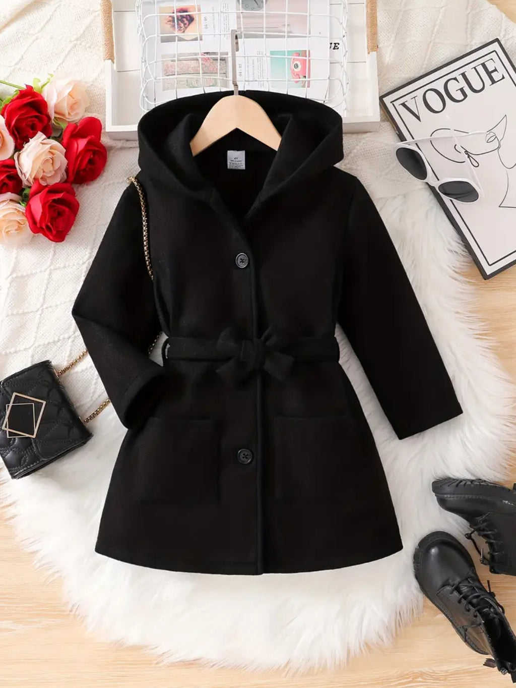 Girls Belted Winter Warm Hooded Coat with Collar - Full-Zip Front & Chest Pocket 