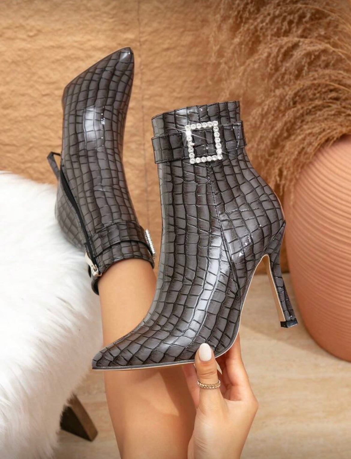 “Rhinestone Buckle” Ankle Suede Boots Pointed Toe & Slim High Heel