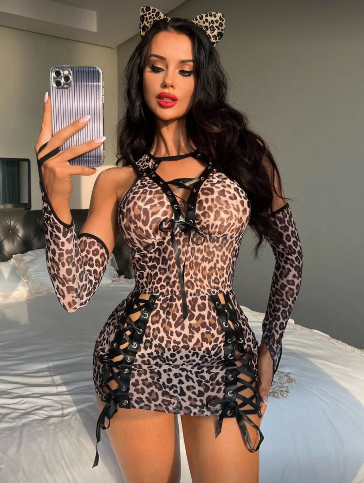 “Kitty Fantasy” Costume 4pcs Women's Sexy Leopard Print Costume Set