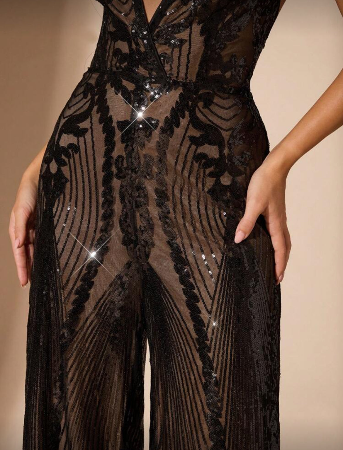 Women's Sequin Deep V-Neck Wide Leg Jumpsuit