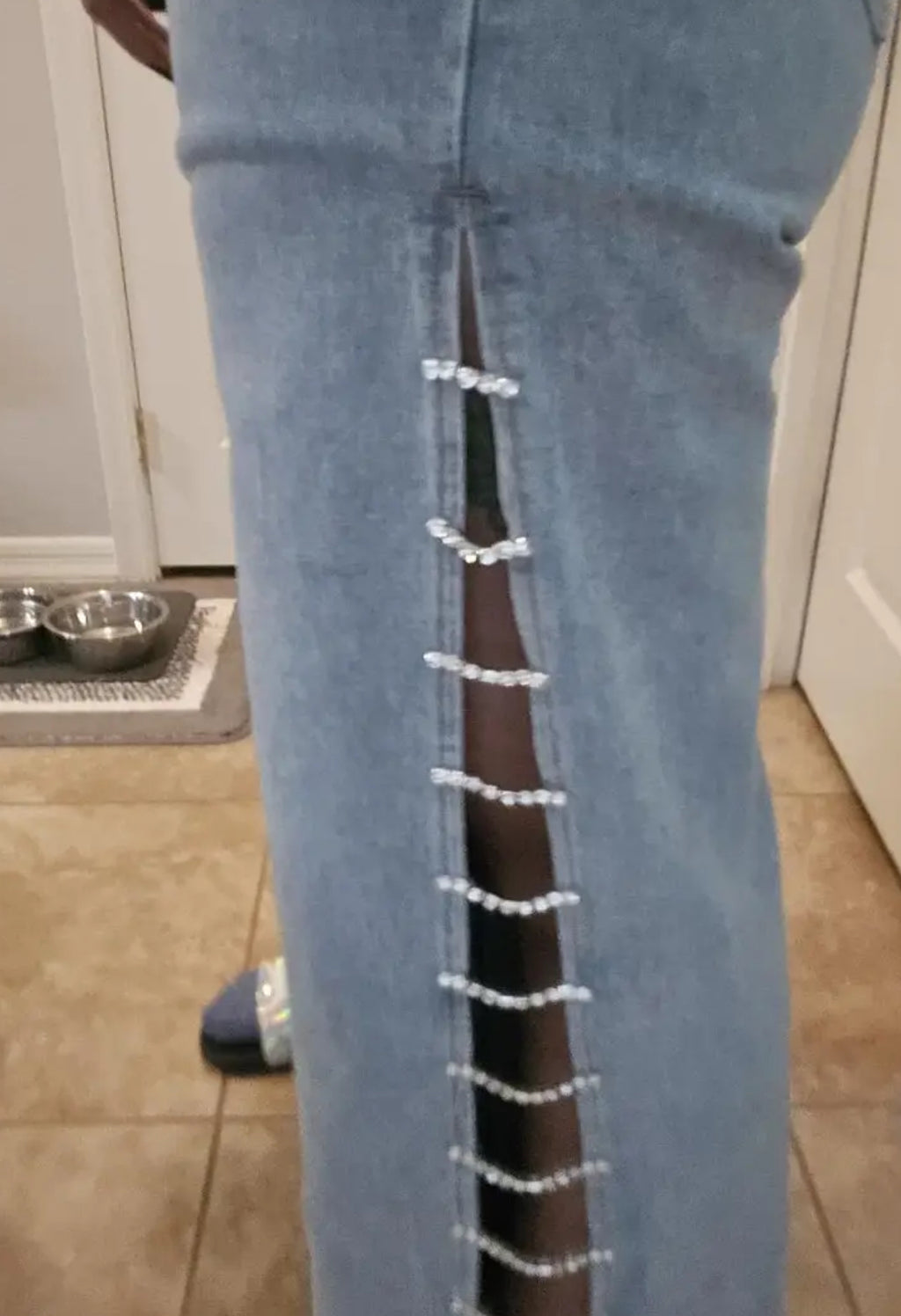 “Rhinestones & Chains” Side Slits, Loose High-Waisted Light Blue Distressed Wide-Leg Jeans